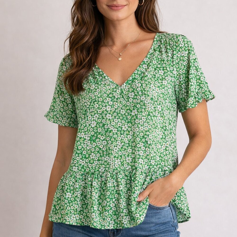 Beach Lunch Lounge Floral Peplum Blouse Women's XS Green V-Neck Short Sleeve